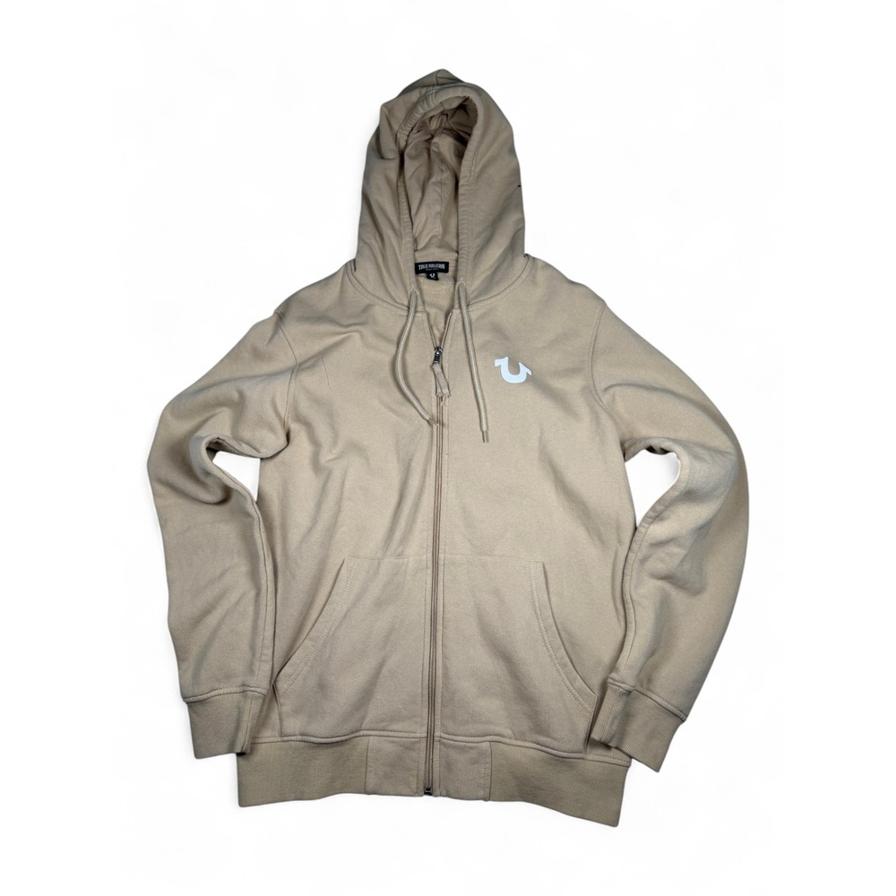 True Religion Mens Tan Buddha Graphic Full Zip Hoodie Horseshoe Logo Size Medium